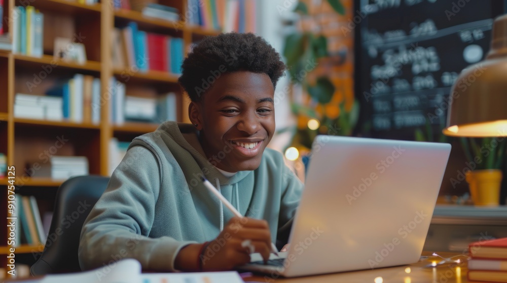 Portrait of teenage black boy using laptop computer at home. A teenage boy attending to online school class Portrait of teenage black boy using laptop computer at home. A teenage boy attending to online school class