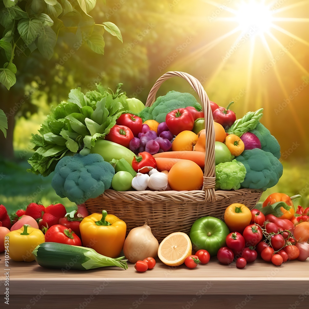 Different fresh fruits and vegetables flat lay on table top, fruits and vegetables collection food background
