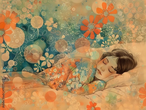 Whimsical Slumber A Vintage Depicting a Peaceful Night of DreamFilled Sleep with HandDrawn Bubbles photo