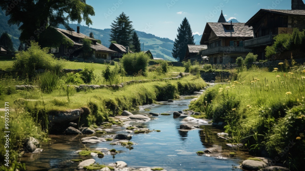 Fototapeta premium Tranquil Creek Through a Picturesque Swiss Village