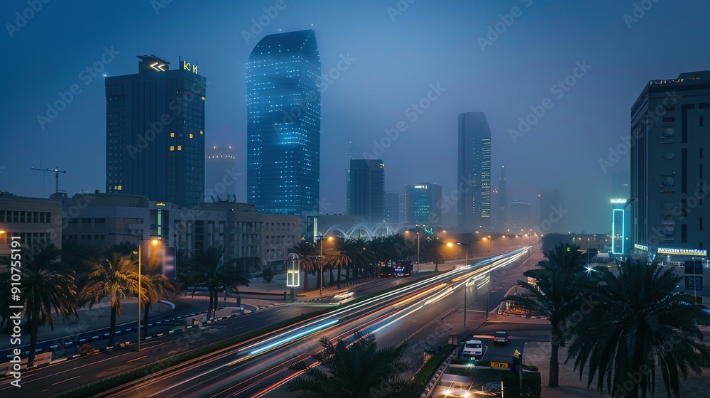 Cityscape with Skyscrapers and Palm Trees at Dusk Cityscape with Skyscrapers and Palm Trees at Dusk