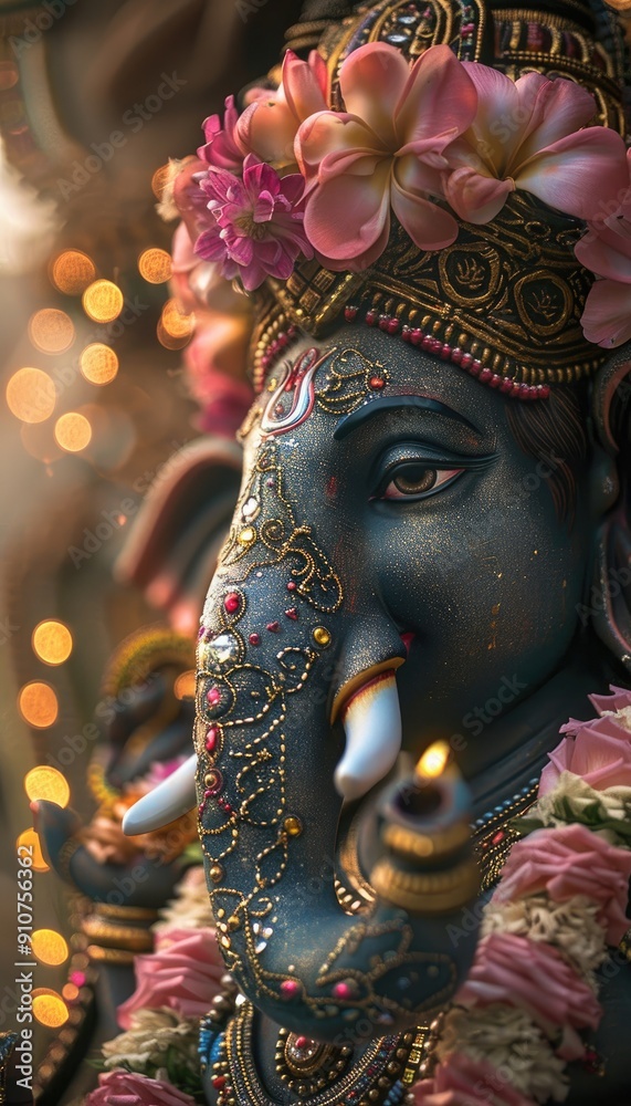 Fototapeta premium Decorated Ganesha Statue with Flowers and Lights