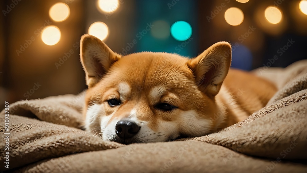 Portrait of an adorable Japanese Shiba Inu puppy getting asleep on blanket with colorful bokeh background