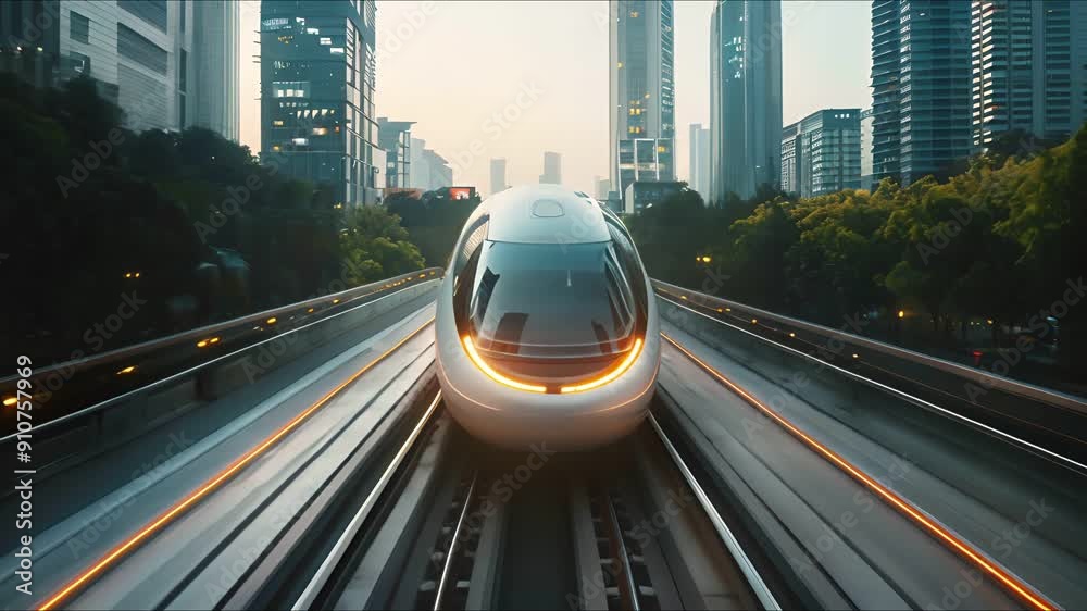 High-speed train network interface, visualizing the seamless integration of maglev technology across an urban landscape