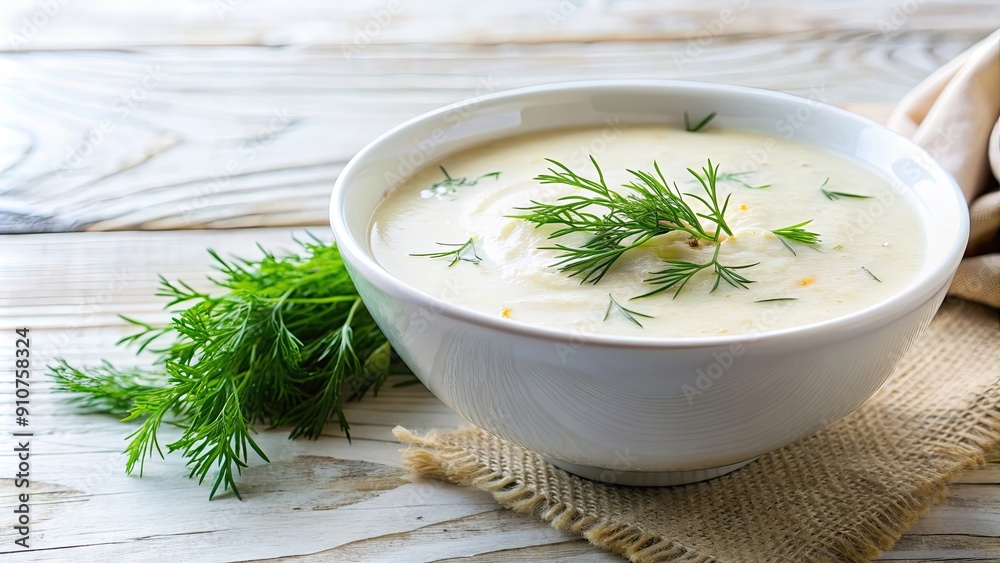 Creamy horseradish soup garnished with fresh dill in a white bowl, horseradish, soup, dill, fresh, creamy, food, cuisine Creamy horseradish soup garnished with fresh dill in a white bowl, horseradish, soup, dill, fresh, creamy, food, cuisine