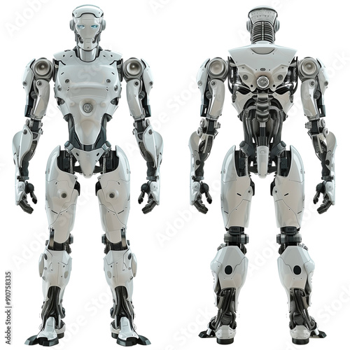 Full body front and back views of robot isolated on transparent background