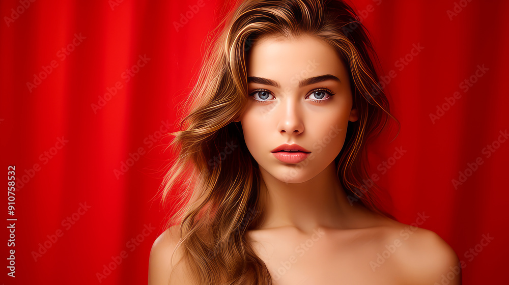 Portrait of a serious aggressive teenage girl with perfect skin, red background, banner. Portrait of a serious aggressive teenage girl with perfect skin, red background, banner.