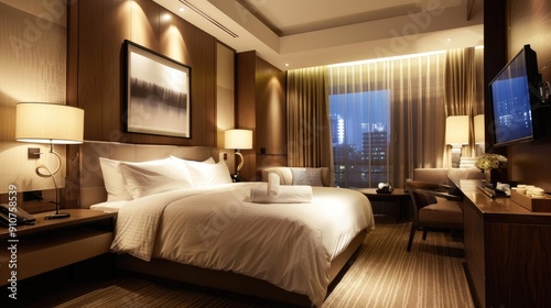 A Modern Hotel Room with a Stunning Window Front View of Majestic Mountains.