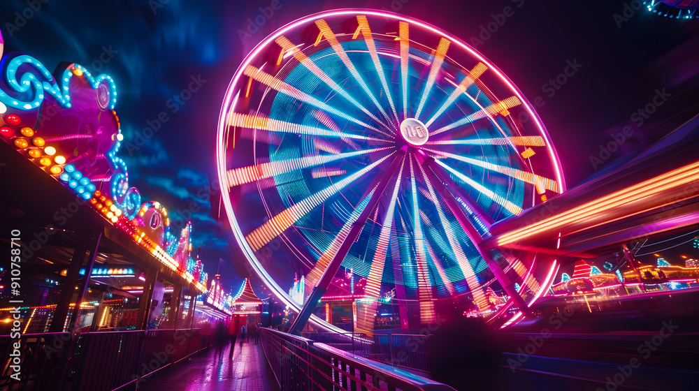 Vibrant long exposure shot of a lit Ferris wheel against the night sky Vibrant long exposure shot of a lit Ferris wheel against the night sky