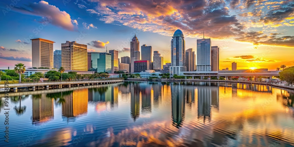 Fototapeta premium Panoramic view of Summer sunset over Tampa Downtown waterfront skyline, Tampa, Florida, USA, skyline, waterfront, sunset