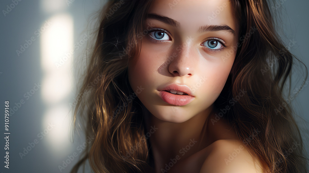 Portrait of a serious aggressive teenage girl with perfect skin, silver background, banner. Portrait of a serious aggressive teenage girl with perfect skin, silver background, banner.