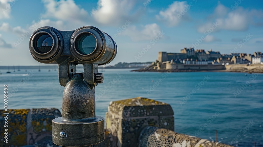 A Close-up of a Binocular Viewer Facing a Coastal City A Close-up of a Binocular Viewer Facing a Coastal City