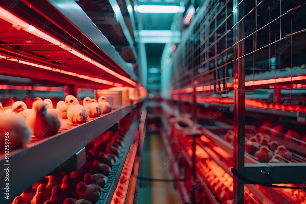 Baby Chickens Huddle Under Heat Lamps in a Chicken Farm Baby Chickens Huddle Under Heat Lamps in a Chicken Farm