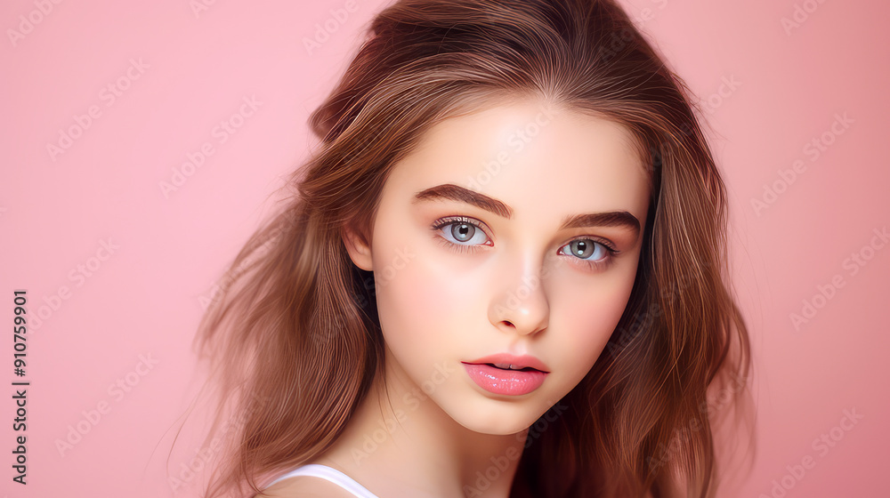 Portrait of a serious aggressive teenage girl with perfect skin, pink background, banner. Portrait of a serious aggressive teenage girl with perfect skin, pink background, banner.