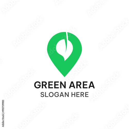 Green area logo template in simple flat style. Pin map and leaf vector illustration