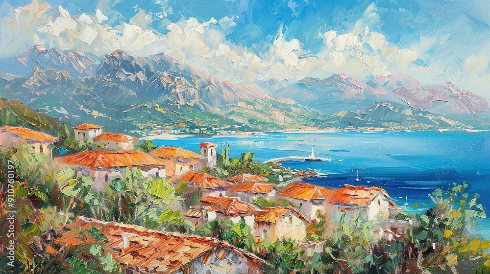 Fototapeta premium Coastal Village with Mountains and Sailboat