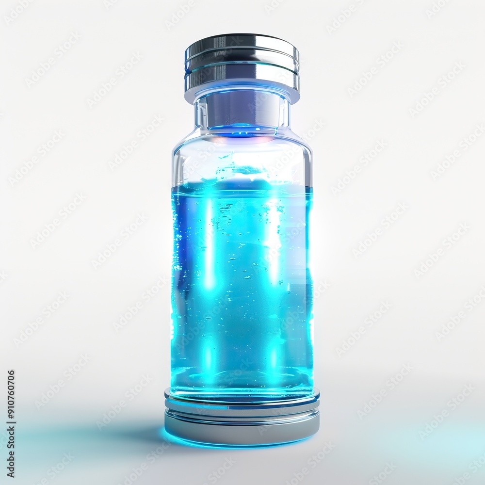 Glass Bottle with Blue Liquid and Chrome Top and Bottom Glass Bottle with Blue Liquid and Chrome Top and Bottom