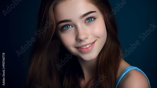 Portrait of a smiling cheerful teenage girl with perfect skin, dark blue background, banner.