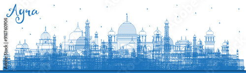 Outline Agra India City Skyline with Blue Buildings. Business Travel and Tourism Concept with Historic Architecture. Agra Uttar Pradesh Cityscape with Landmarks.