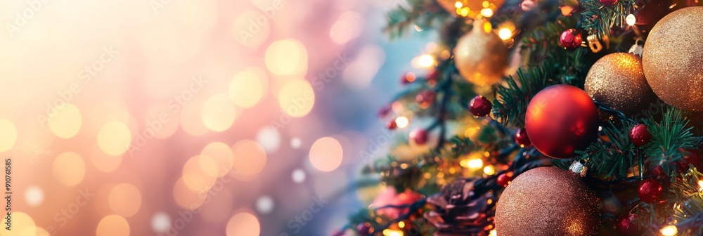 A stunning Christmas tree decorated with gold and red ornaments, set against a background of magical bokeh lights and holiday cheer. A stunning Christmas tree decorated with gold and red ornaments, set against a background of magical bokeh lights and holiday cheer.