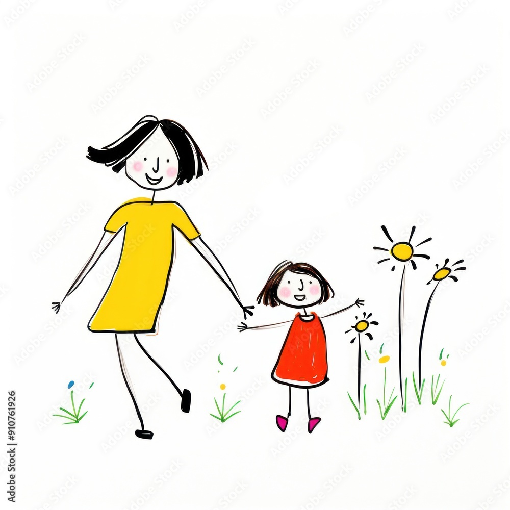 Mother and daugther drawing sketch cartoon. Mother and daugther drawing sketch cartoon.