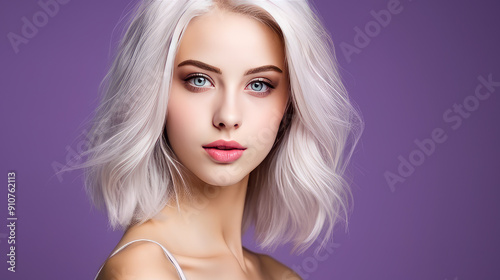 Portrait of a serious aggressive blonde teenage girl with white long hair with perfect skin, purple background, banner.