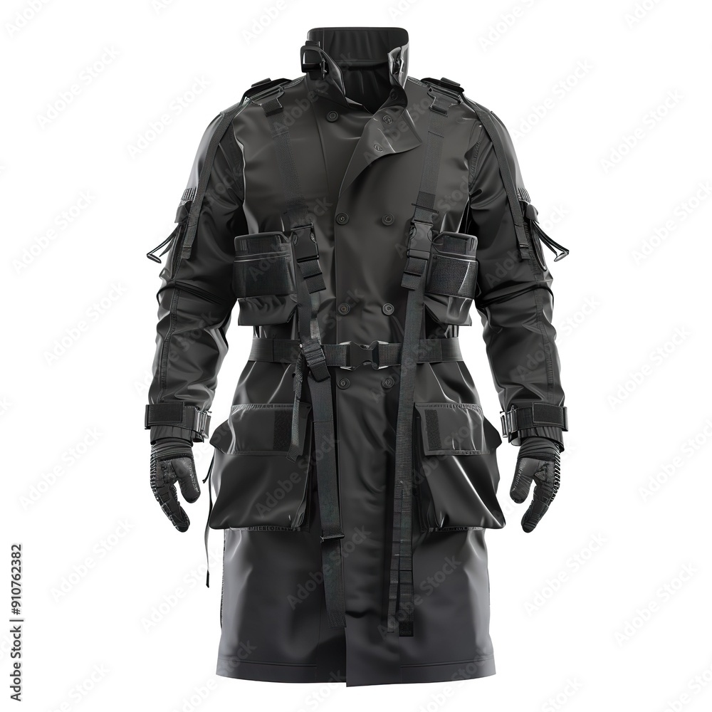 Black Futuristic Trench Coat with Straps and Pockets Black Futuristic Trench Coat with Straps and Pockets