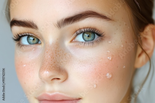 A close-up portrait of a young woman with freckles and green eyes, featuring water droplets on her face, highlighting her natural beauty and fresh look.