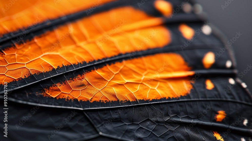 Ultra-detailed photograph of a monarch butterfly wing scale, microscopic ridge structures visible, vibrant orange pigments and black border in focus, exquisite detail, Ultra-detailed photograph of a monarch butterfly wing scale, microscopic ridge structures visible, vibrant orange pigments and black border in focus, exquisite detail,