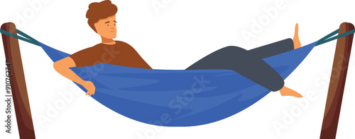 Young man is relaxing lying in a comfortable hammock enjoying his summertime