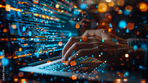 Close-up of hands on a modern laptop coding on a laptop against the backdrop of a bright neon screen. Digital technologies, data processing. Concept of technology, modernity.