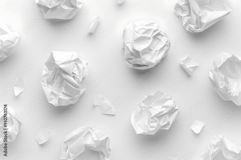 Crumpled white paper balls scattered randomly on a clean white surface, creating a minimalistic and modern aesthetic. Crumpled white paper balls scattered randomly on a clean white surface, creating a minimalistic and modern aesthetic.