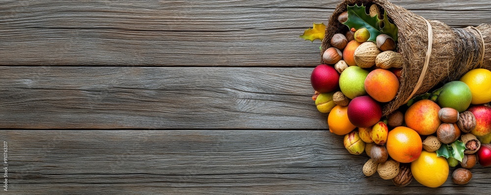 Cornucopia Spilling Autumn Abundance on Wooden Surface