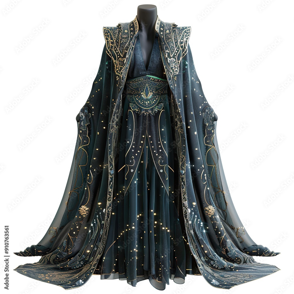 Elegant Dark Blue and Gold Embroidered Gown with Cape Elegant Dark Blue and Gold Embroidered Gown with Cape