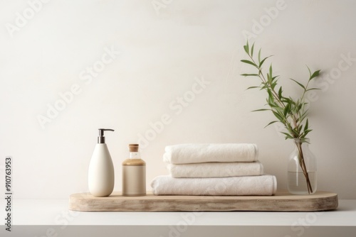 Minimal and natural bathroom essentials at the spa towel container beverage.