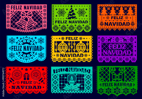 Mexican holiday Feliz Navidad paper cut or papel picado flags, vector banners. Christmas tree, snowflakes and holly with candle and gift in paper cut for Mexican Feliz Navidad holiday decorations