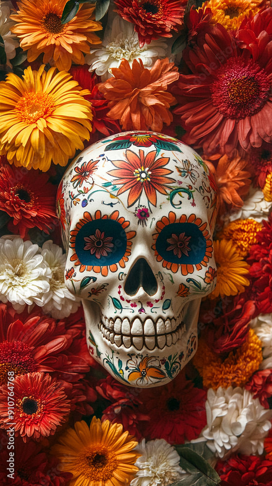 Fototapeta premium dia de los muertos day of the dead carnival party background, Cinco de Mayo skeleton, skull, catrina spoky and scary backdrop