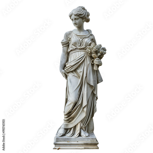 Marble statue of a beautiful woman holding flowers isolated on a transparent background