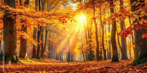 Autumn forest background with vibrant leaves and golden sunlight filtering through the trees, autumn, forest, background #910765145