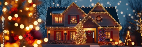 A beautifully decorated house with Christmas lights and ornaments illuminating the exterior, creating a bright and festive holiday display.