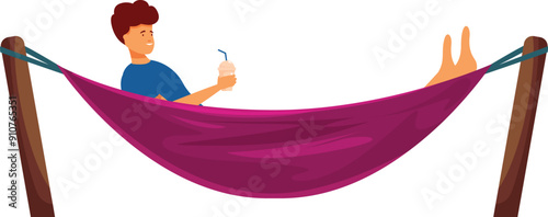 Young man is enjoying a relaxing day, laying in a hammock and holding a refreshing drink