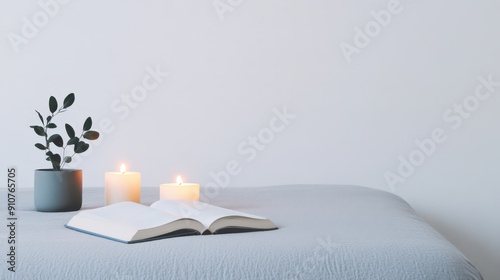 Warm Sunday evening with soft candlelight and a good book, isolated background