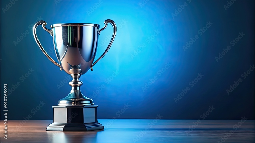 Silver trophy placed elegantly on a blue table, silver, trophy, award, accomplishment, victory, recognition, shiny, metallic Silver trophy placed elegantly on a blue table, silver, trophy, award, accomplishment, victory, recognition, shiny, metallic