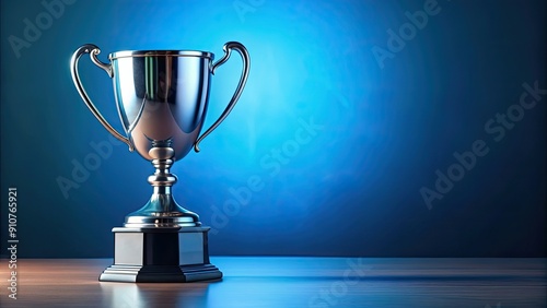 Silver trophy placed elegantly on a blue table, silver, trophy, award, accomplishment, victory, recognition, shiny, metallic