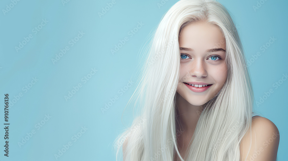 Portrait of a smiling cheerful blond teenage girl with long white hair and perfect skin, light blue background, banner. Portrait of a smiling cheerful blond teenage girl with long white hair and perfect skin, light blue background, banner.