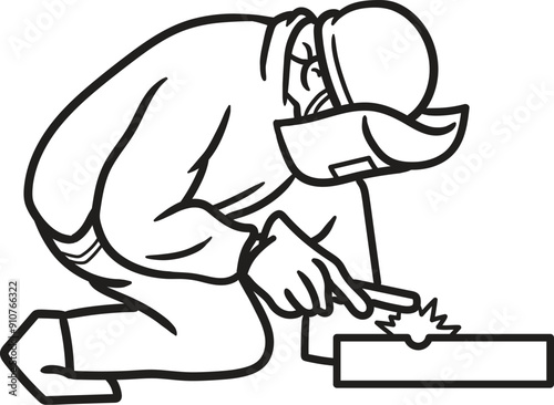 the welder is working to weld iron steel