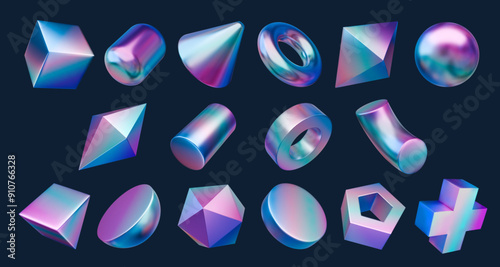 3d chrome holographic iridescent metal shapes, rainbow gradient figures. Vector cube, cylinder, sphere, cone and torus, pyramid, octahedron, hemisphere or prism. Tetrahedron, dodecahedron or ellipsoid