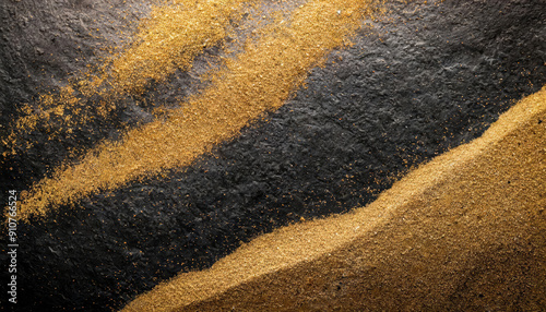 Glittering gold dust and shiny golden sand stripes poured on black rough rock wall or surface with small granulated dark stones luxurious abstract grainy texture, wallpaper or background.