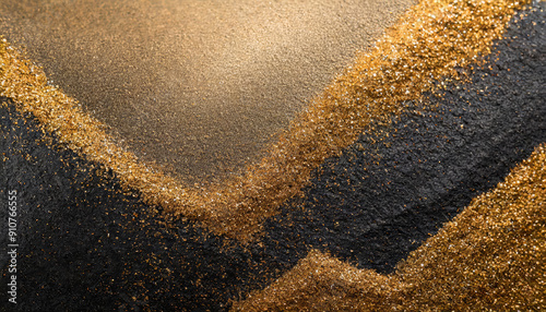 Glittering gold dust and shiny golden sand stripes poured on black rough rock wall or surface with small granulated dark stones luxurious abstract grainy texture, wallpaper or background.