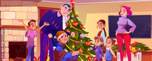 Man catch and tie up robber in home living room on Christmas. Cartoon vector illustration of confused and scared family with mother, father and children in house with Xmas tree and gift boxes.